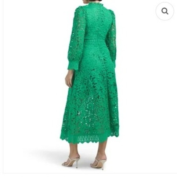 Dalia MacPhee Green Lace Midi Dress Long Sleeve Mock‎ Neck Womens Size Small - Picture 2 of 9